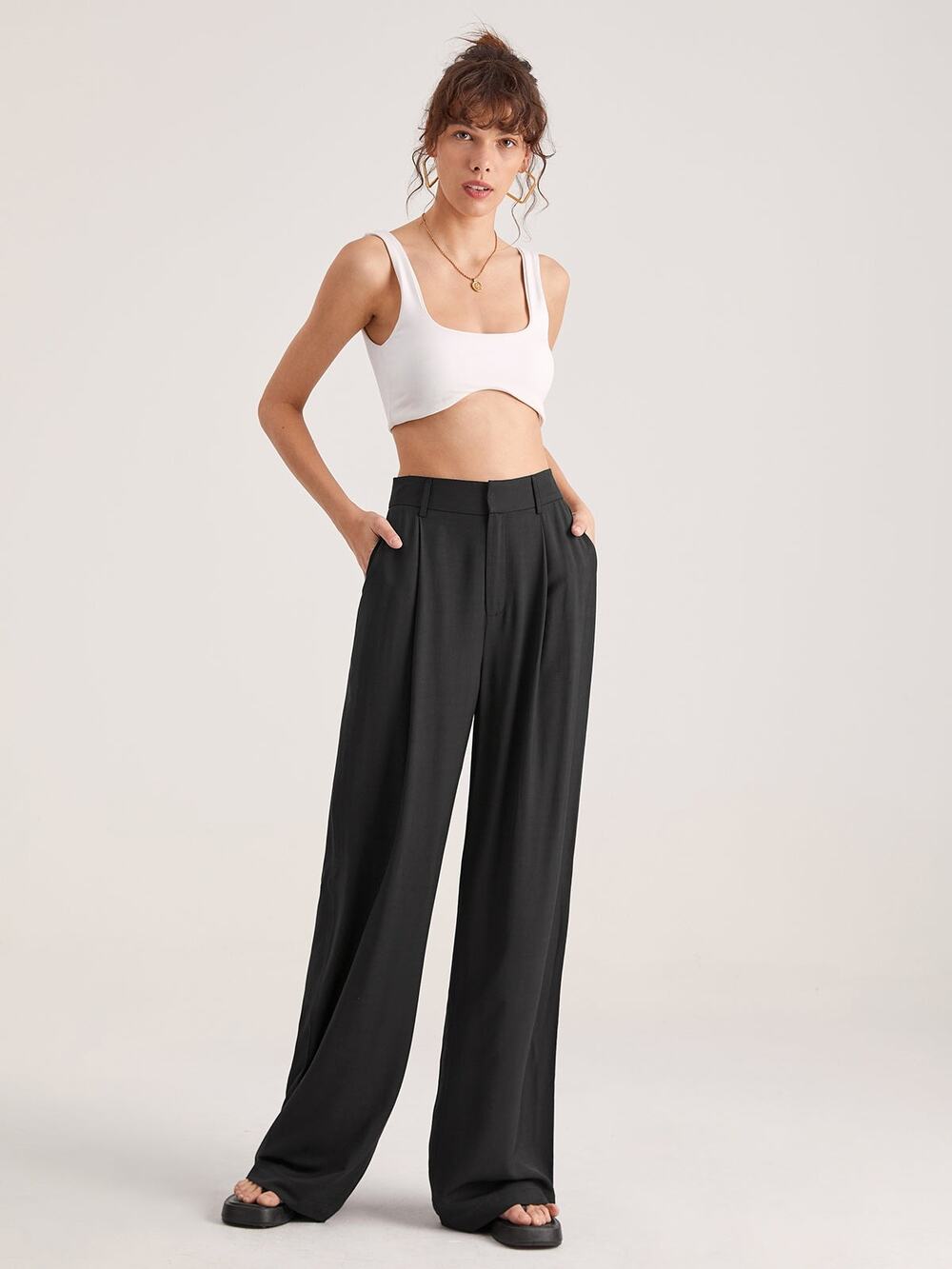 Commense Oversized Elegant High Waist WideLeg Pleat Front Black Trousers NWT M